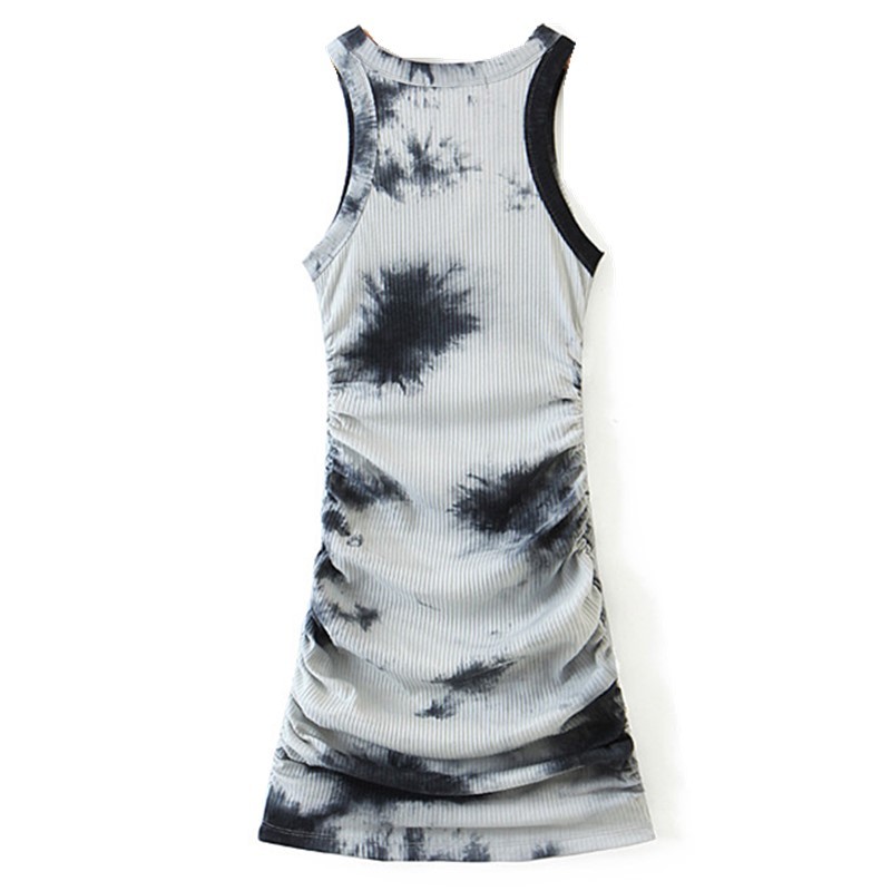 Vintage Gradient tie dye Sleeveless Mini Dress Bodylish Women O neck Side Ruched Dresses Knit Sexy Party Vestidos Korea clothing 210429