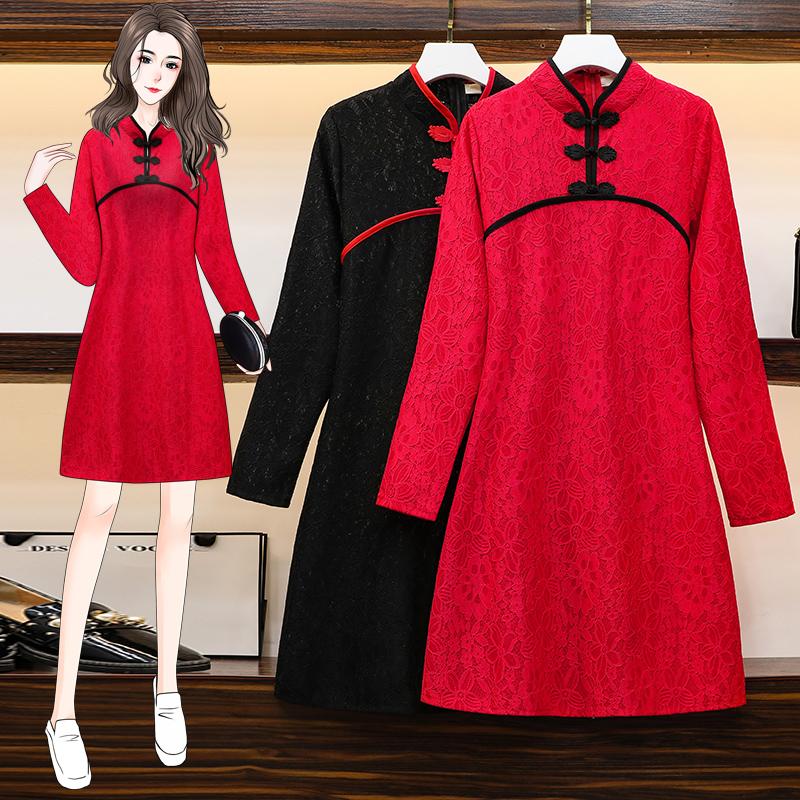 Ethnic Clothing Autumn M-4XL Plus Size Vintage Red Black Lace Chinese Traditional Casual Party Women Long Sleeve Dress Cheongsam Dresses Qip
Ethnic Clothing Autumn M-4XL Plus Size Vintage Red Black Lace Chinese Traditional Casual Party Women Long Sleeve Dress Cheongsam Dresses Qip