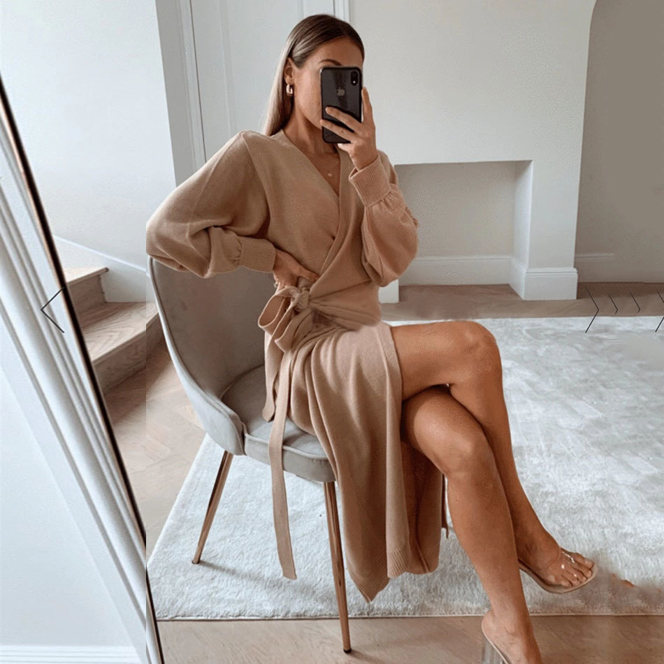 Free Autumn Women Lace-Up Sweater Knit Dress Sexy V-neck Lantern Sleeve Home Split Mdi Vestidos 210524