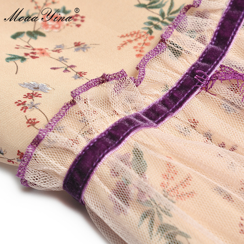 Fashion Runway dress Spring Summer Women's Dress Stand collar Mesh Butterfly Sleeve Floral-Print Lace Elegant Dresses 210524