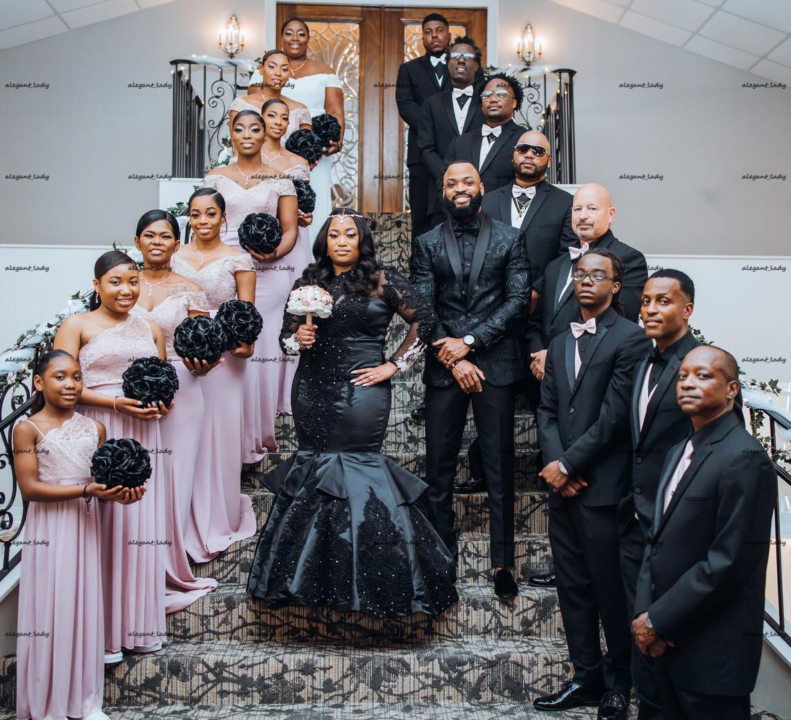 Black Gothic Mermaid Wedding Dresses With Long Sleeves Beading Pearls applique Satin Non White african lace-up boho outdoor Bride Dress plus size