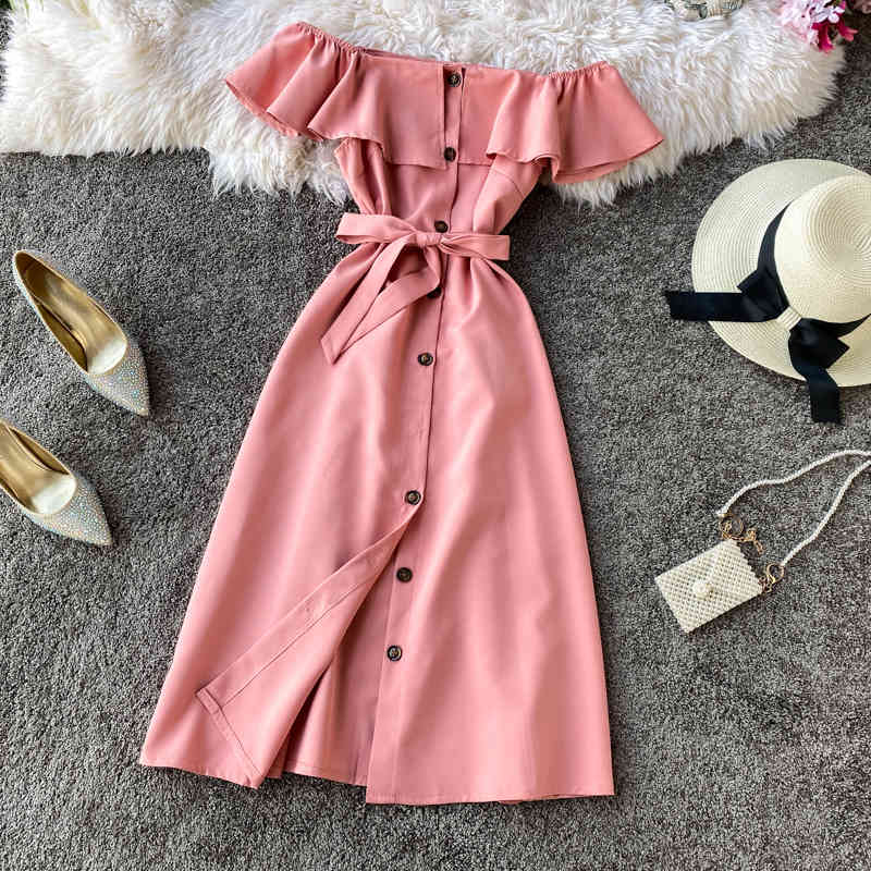 Women Beach A-line Elegant Dress Vintage Slim Button Ruffles Bandage Midi Summer Party Vestido De Festa Sexy Off Shoulder 210521