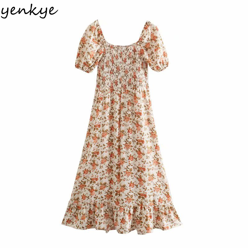 Holiday Summer Dress Women Vintage Floral Print Chiffon Female Puff Sleeve Sexy Hem Slits Midi A-line Vestido 210430