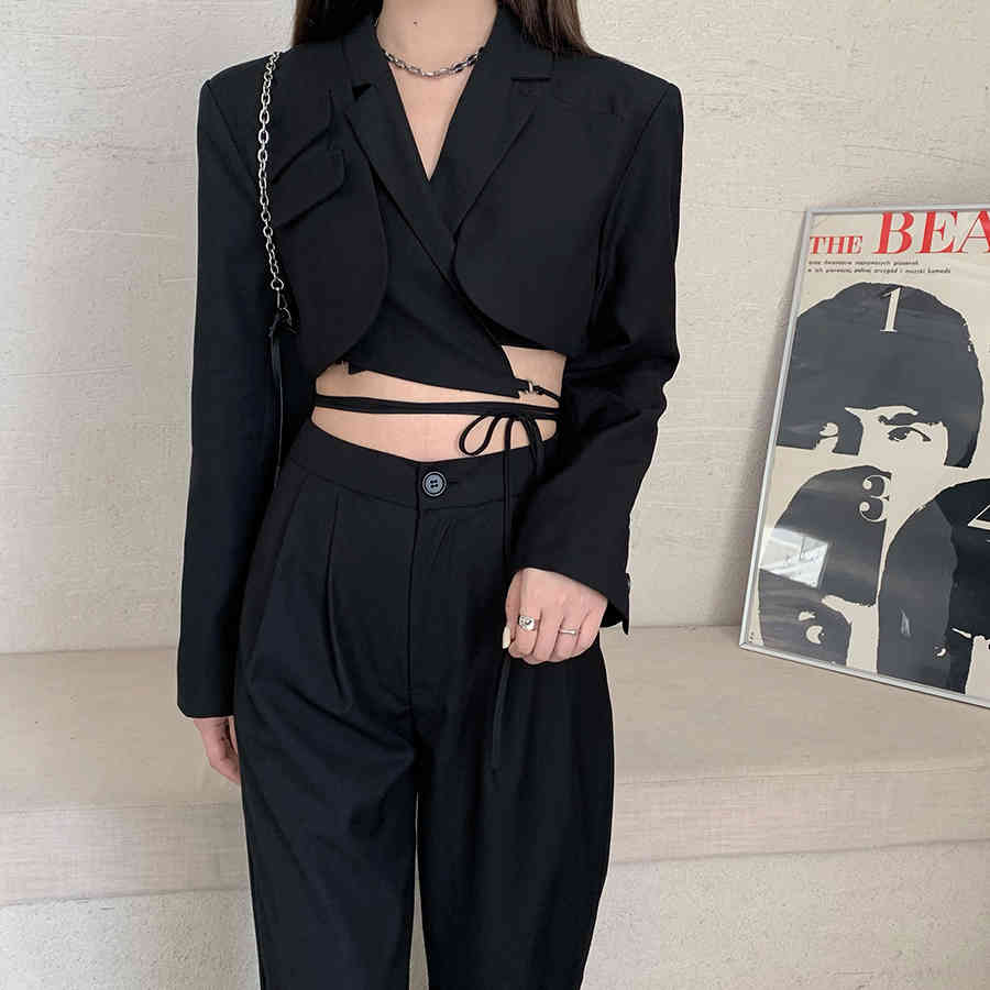 Spring Womens Outfits Ladies Office Notched Collar Long Sleeve Sexy Short Coat + High Waist Wide Leg Pants 2 Piece Sets 210519