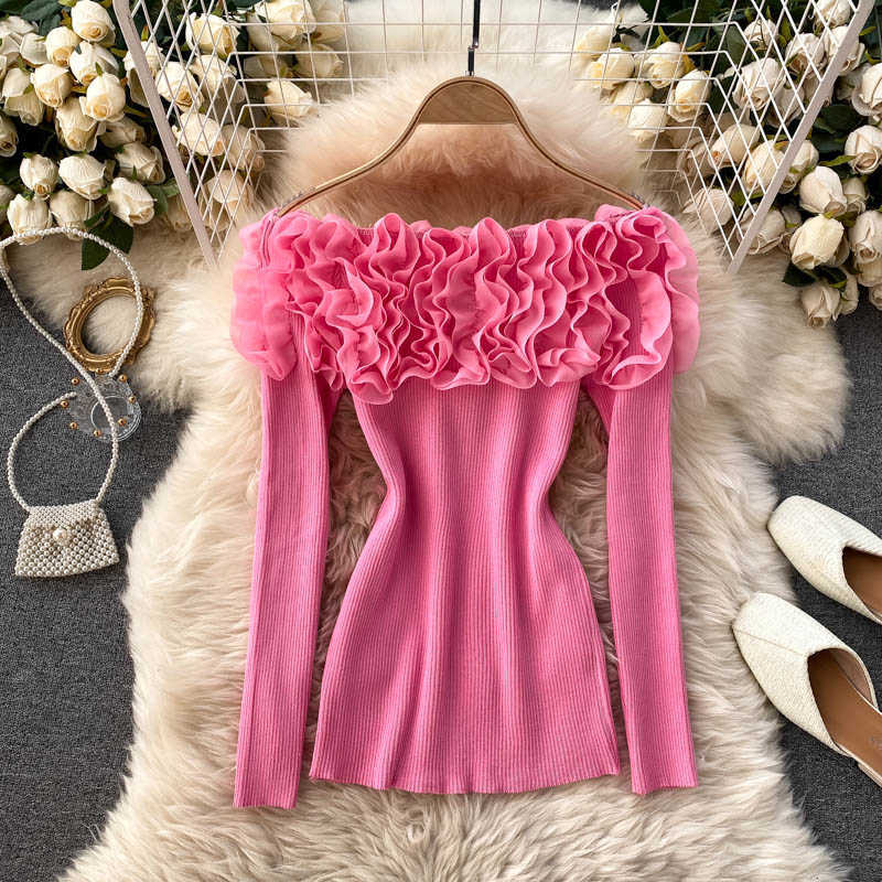 Autumn Winter Women Knitted Sweater Mesh Ruffled Petal Slash Neck Off Shoulder Long Sleeve Slim Knit Top Chic 210603