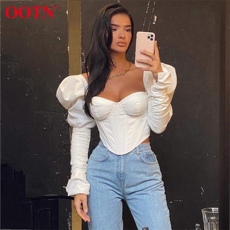 OOTN Sexy Tunic Crop Top Female Shirt Women White Blouse Puff Sleeve Top Elegant Ruched Streetwear Square Neck Black Blouses 210317