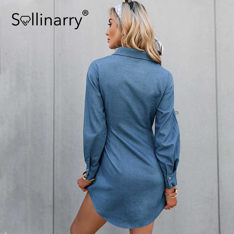 Sollinarry High street blue shirt dress women Long sleeve sheath summer dress Casual botton pleated solid midi dress streetwear 210709