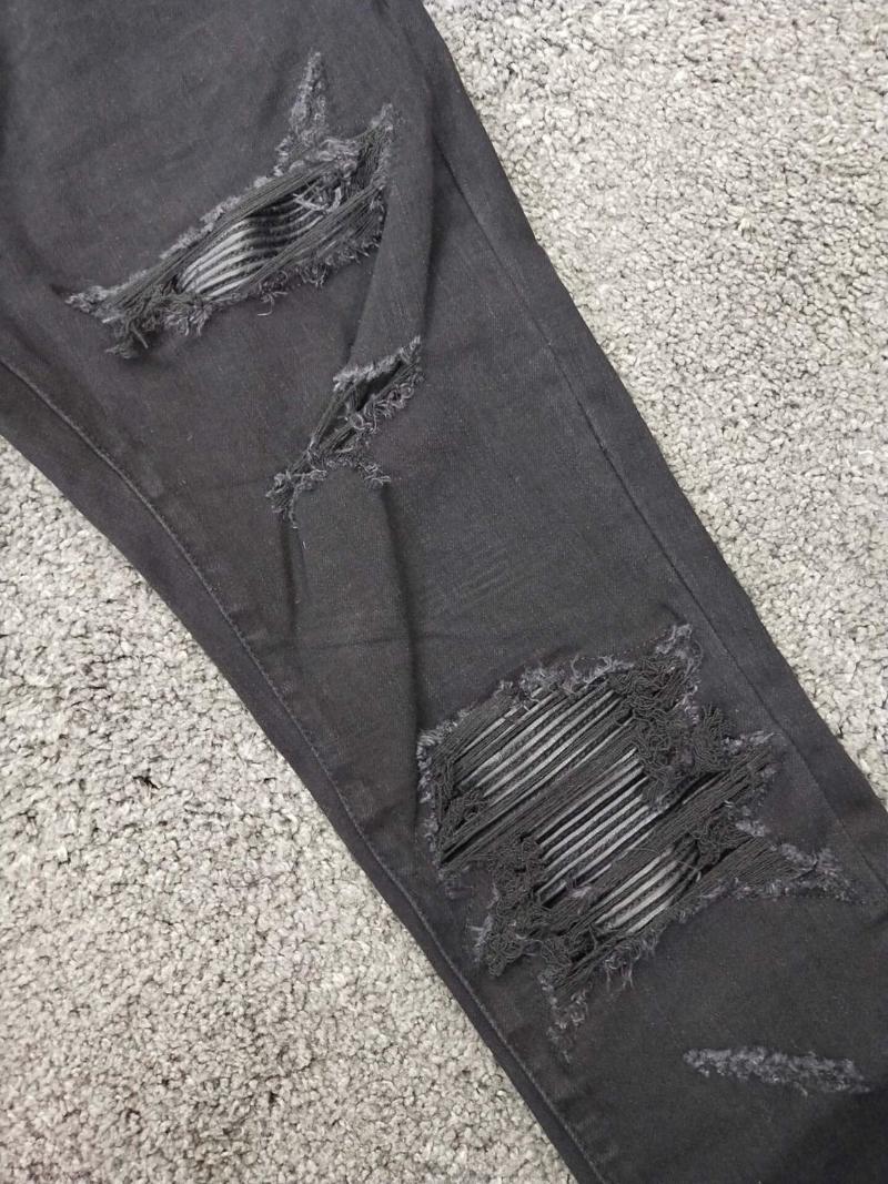 Men's Jeans Men Pu Leather Ribbed Patch Skinny Distressed Black