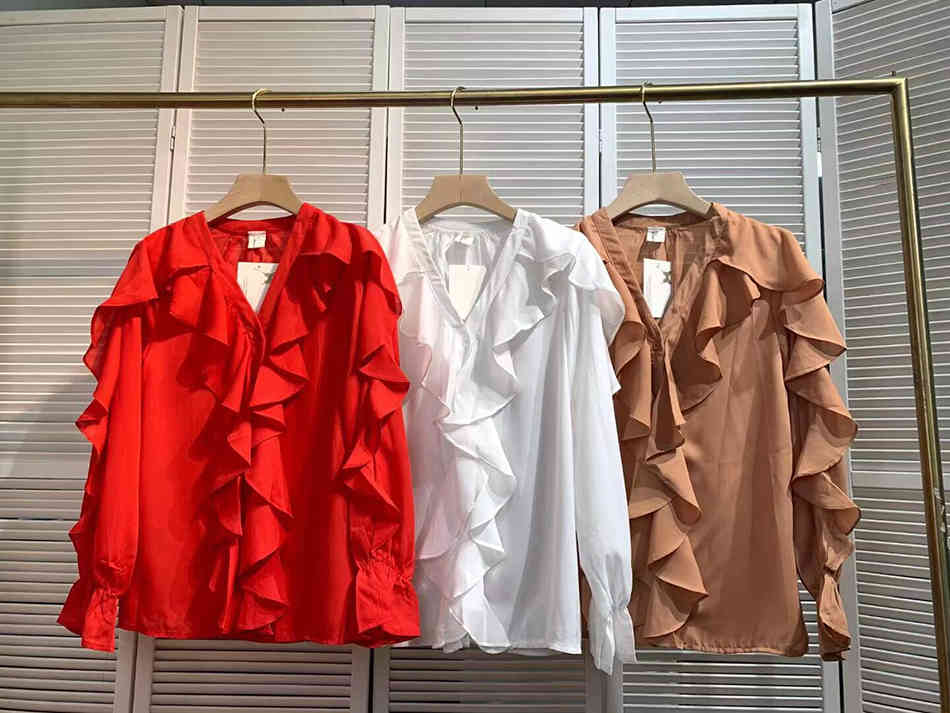 Free Women's Ruffle Blouse Spring V-neck Single-breasted Lantern Long Sleeve Pure Color Elegant Shirt Ladies 210524