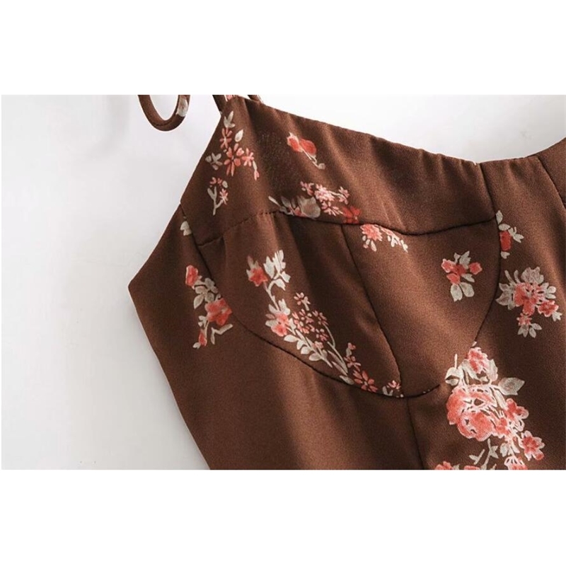 Summer France Tie Bow Strap Coffee Floral Print Camis Women Retro Girl Sexy Back Elastic Ruched Slim Crop Top Short Tees 210429