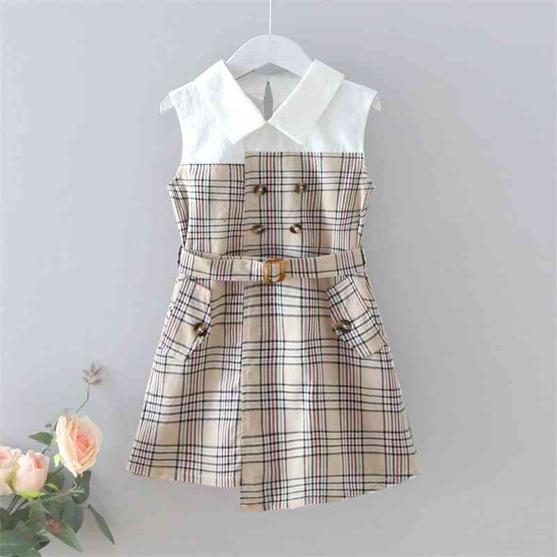 Children's Dress Summer Sleeveless Lapel Casual Clothes Fashion Stitching Plaid With Belt Girl 210515