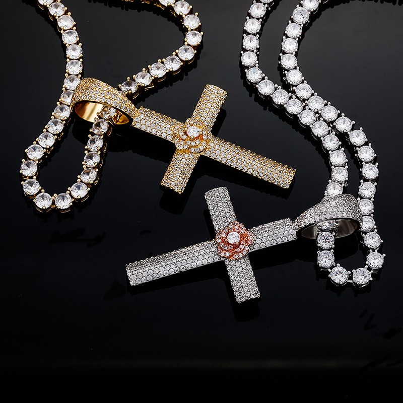 Hip Hop Rose Cross Pendant Necklace Shining Bling Zirconia For Men Women Gift with Twisted Rope Chain