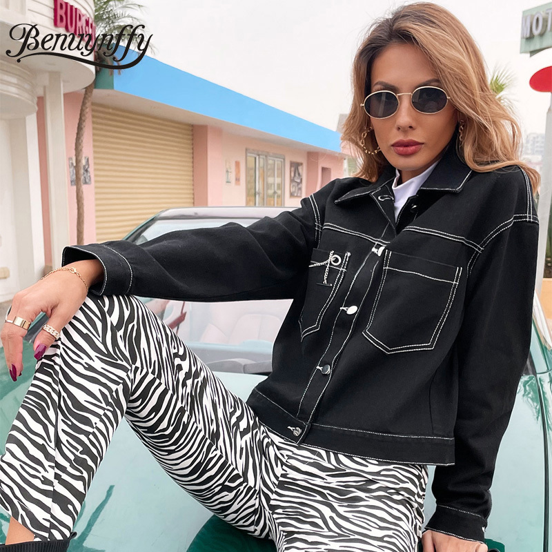 Turn-down Collar Chain Pocket Black Denim Jacket Women Spring and Autumn Single Breasted Casual Outwear Jean Coats 210510