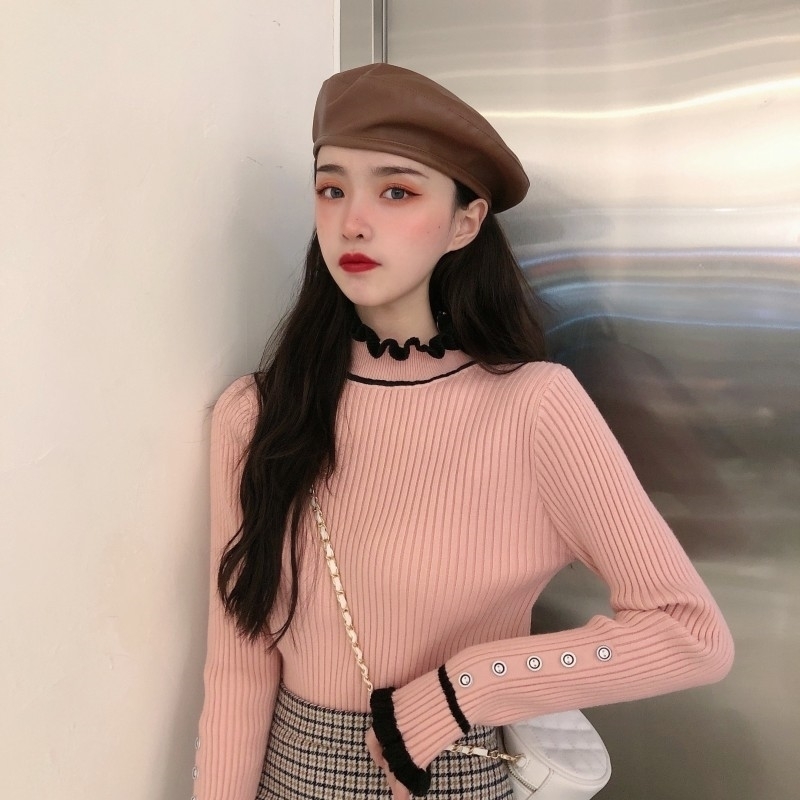 Autumn Winter Sweaters Fashion Cute Half Turtleneck Pullovers Knitted Ladies Sweater Women Ruffles Sleeve Bastic Kintting 211123wtt