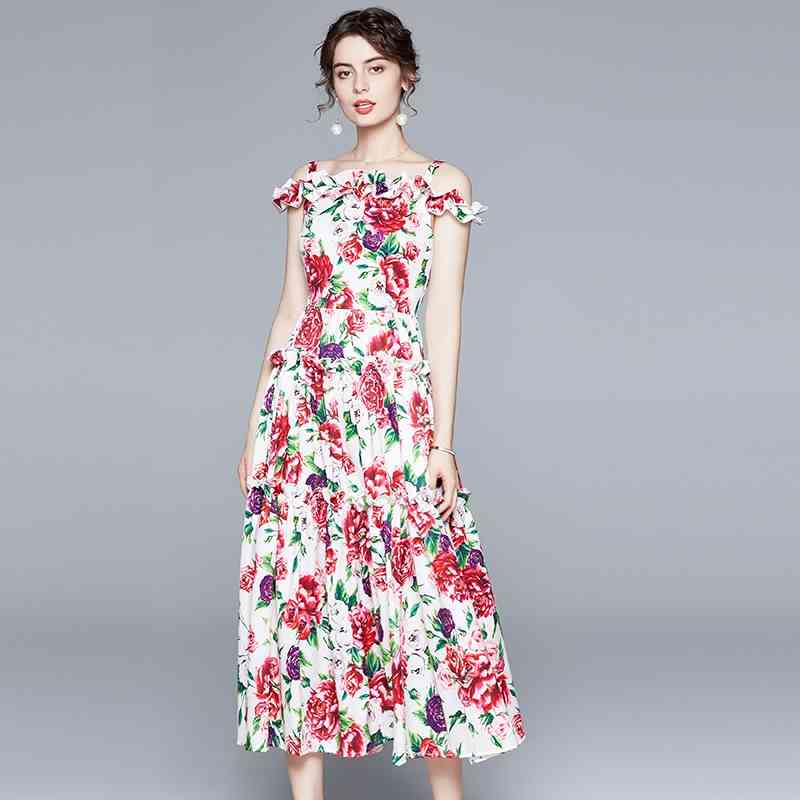 Summer Holiday Beach Long Dress Runway Women Off Shoulder Floral Rose Printed Maxi Sexy Slash Neck Swing es 210506