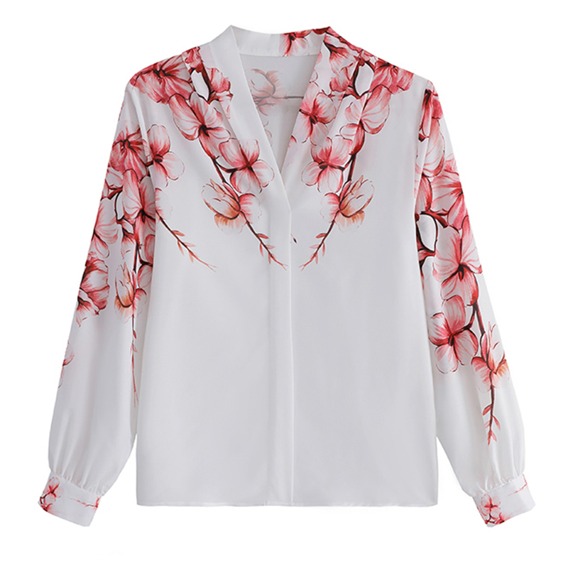 New elegant Women Blouses flower shirts chiffon blouse Spring Blouse lantern sleeve Tops Shirts Blusas Mujer 210317