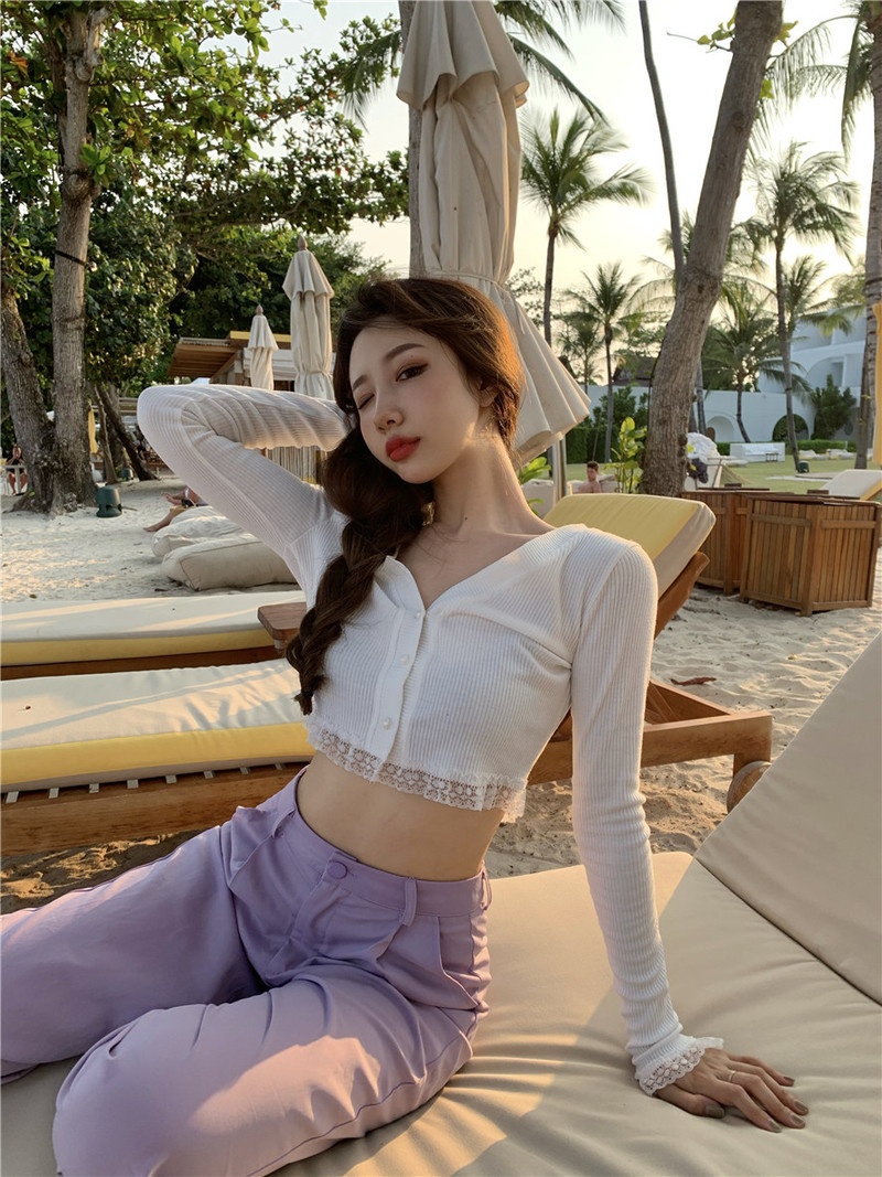 Sexy V Neck T Shirts Women Lace Patchwork Knitted Long Sleeve Shirt Summer Fashion Korean Slim Ladies Tees 10373 210510