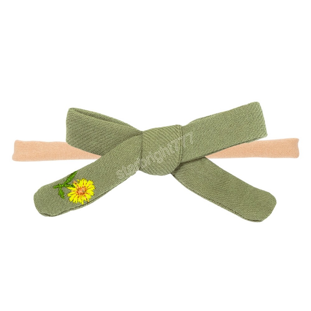 Fashion Embroidered Flowers Cotton and Hemp Bowknot Traceless Nylon Headband Baby Girls Cute Bows Hairband Infant Birthday Gifts