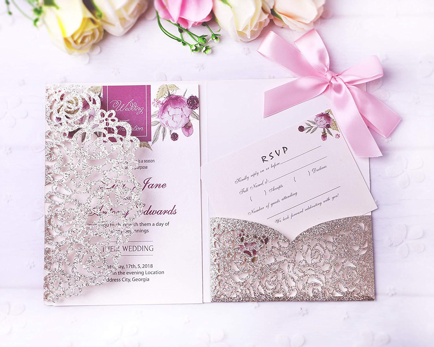 2021 New Wedding Gold Glitter Invitations Cards With Burgundy Ribbons For Wedding Bridal Shower Engagement Birthday Graduation Invite