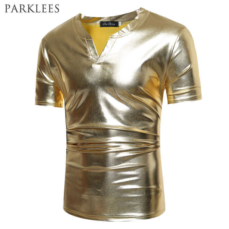 Shiny Gold Coated Metallic T Shirt Men Night Club ee Homme Slim Fit Short Sleeve -shirt Casual Hip Hop 210629