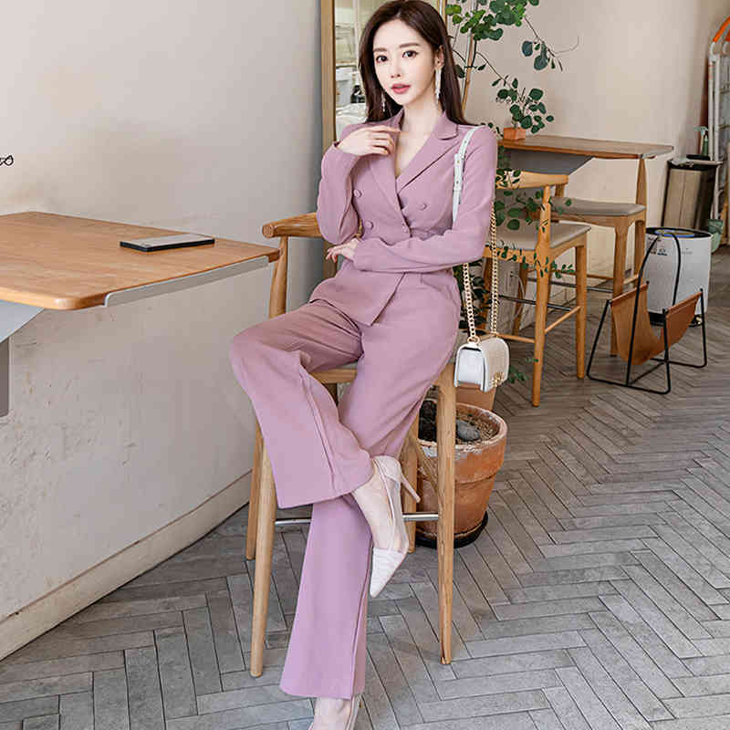 Fashion Women's Wide leg Jumpsuit Rompers Womens Double breasted Pink Women office Long sleeve Playsuits 210520