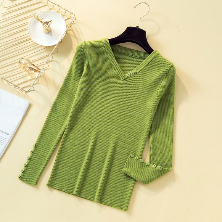 fashion women Shirt fall core yarn sweater pullovers office lady slim elegant Solid V-neck Button decoration sweater 7251 50 210518