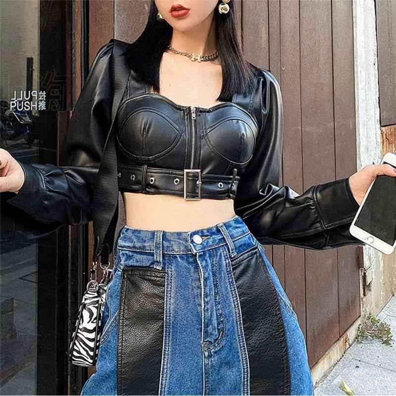 Streetwear Women Faux Leather Jackets Fashion Ladies Zipper Sashes Coats Sexy Female Chic Square Collar Short Jacket 210430