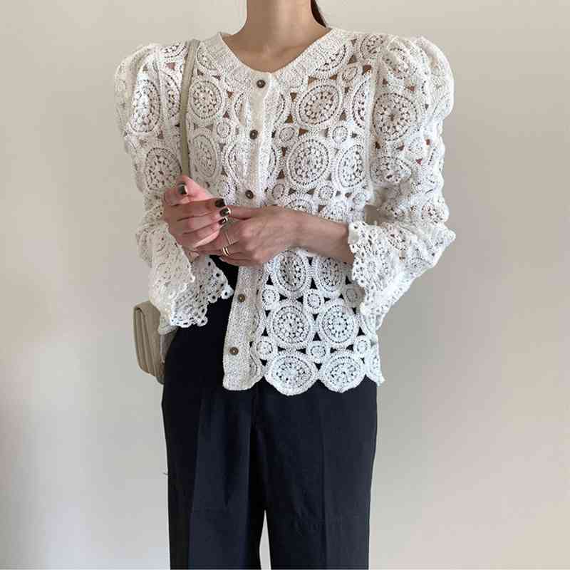 Korea Style Hollow Out Hook Flower Knitted Cardigan Summer Elegant Puff Sleeve Casual Women's Chic Top Femme 210519