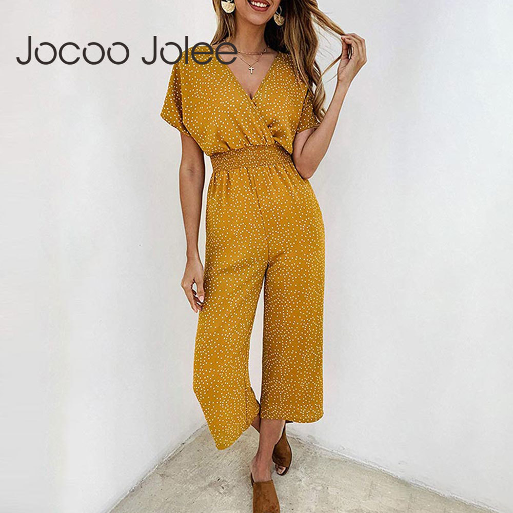 Summer Polka Dot Chiffon Salta In Chiffon A Manica Corta A Via A V Sul Collo Largo Gamba Salsa Boho Beach Rompers 210428-image