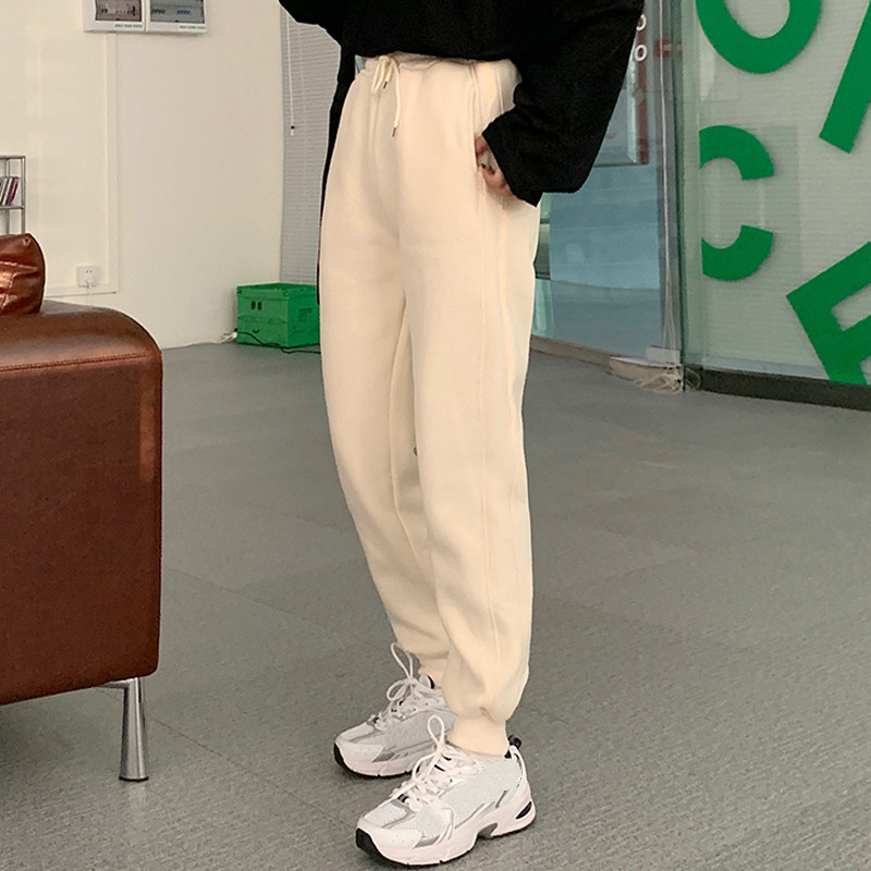 Nomikuma Autumn Winter Fleece Thick Sweatpants Lace Up Stretch High Waist Long Trousers Causal Solid Women Harem Pant 6D294 210427