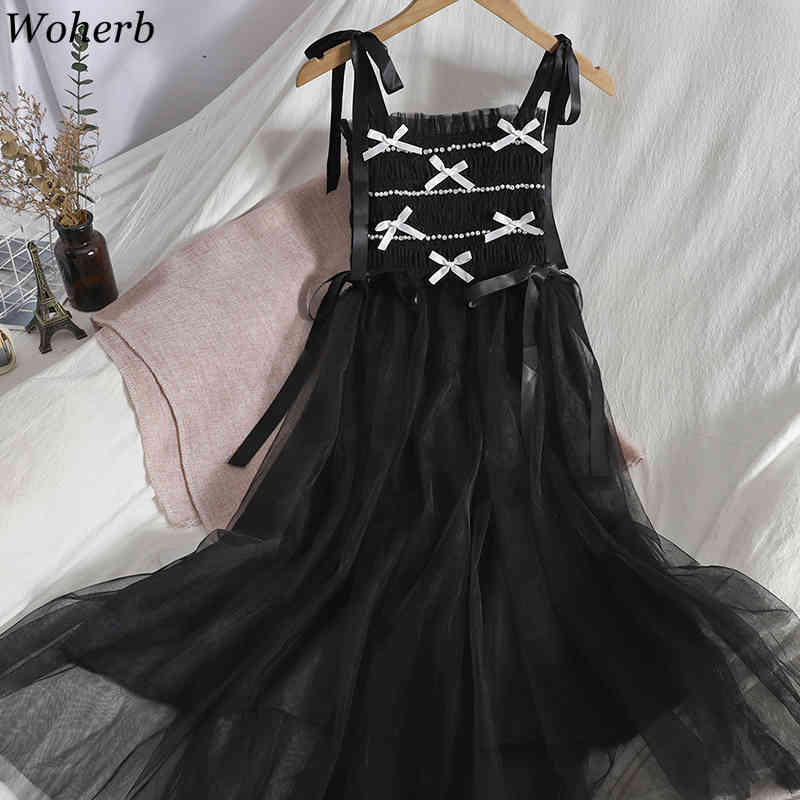 Sweet Woman Dress Pleated Baeding Ruffles Vestidos Mujer Patchwork Gauze Summer Robe Korean Backless Fashion Dresses 210422
