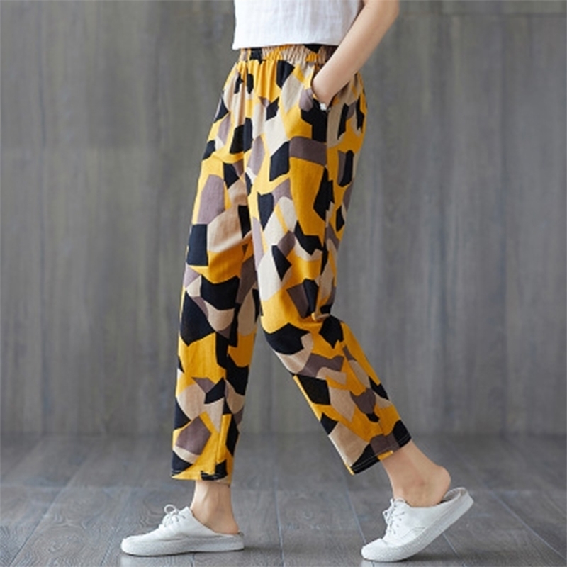 Summer Thin Section Casual Loose Pants Ladies Print Elastici Waist Pocket Trouses Woman Large Size Pantalones Mujer Cintura Alt 210604