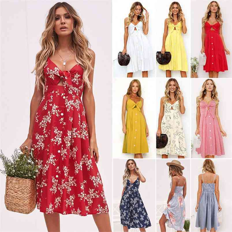 Vintage Casual Sundress Women's Sling V Neck Hollow Out Bow Backless Buttons Midi Dress Summer Boho Floral Sexy Dresses 210522