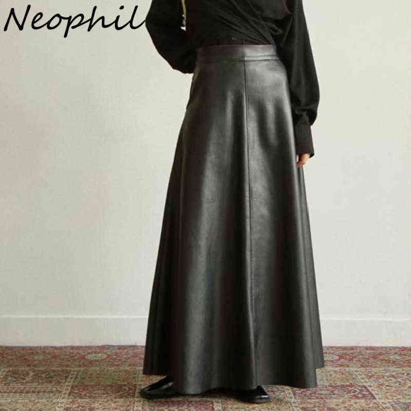 Neophil 80cm Pockets Winter Women Pu Faux Leather Skirts High Waist Elastic Latex Female Chic Flare Long Skirt S21847 211119