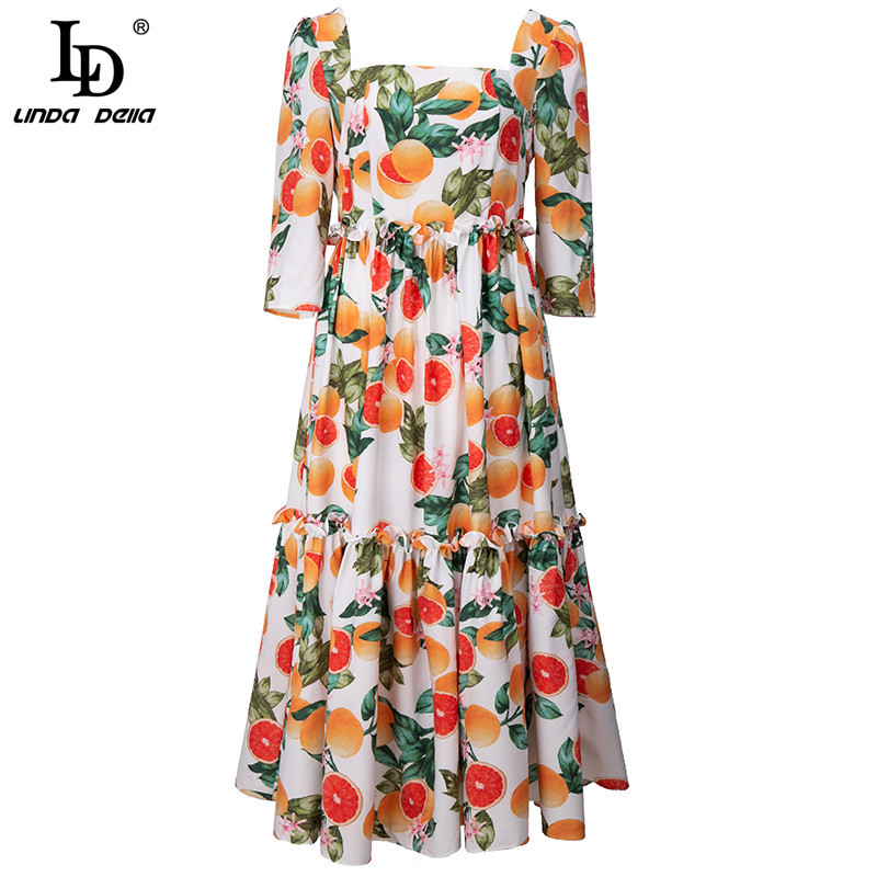 Bohemia Vacation Midi Dress Women Fashion Runway Summer Square collar Red pomelo Print Vintage cotton 210522