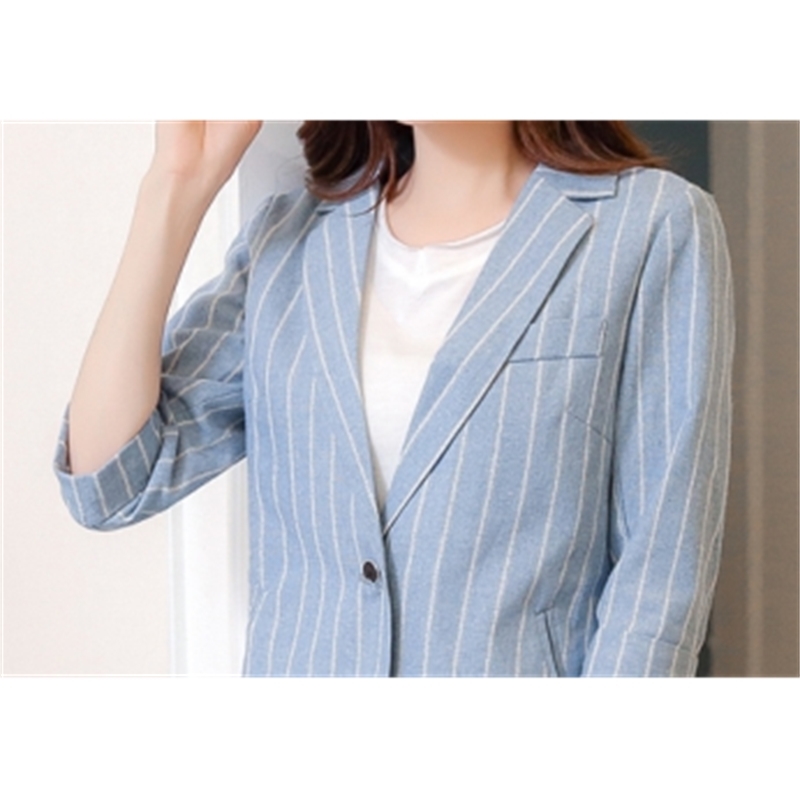 Vintage Summer Women 2 Piece Sets Shorts Suit Blue Striped Notched Blazer Jacket & Office Wear Suits Female 210518