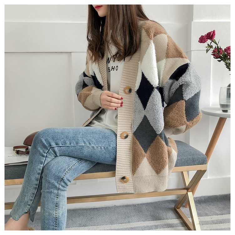 Qooth Autumn Elegant Plaid Cardigan Women Full Sleeve Check Sweater Office Winter V-neck Loose Ins Clothes Coats QT237 210609