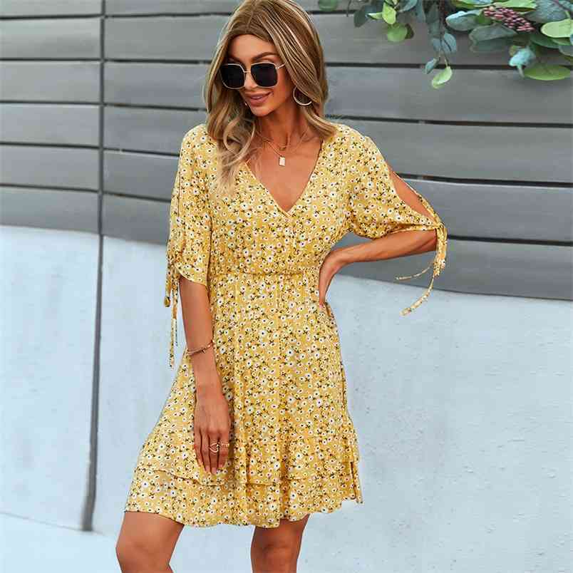 Floral Print Women Mini Dress Summer Sexy V-Neck Bandage Short Sleeve A-Line Fashion High Waist Ruffle Beach es 210522