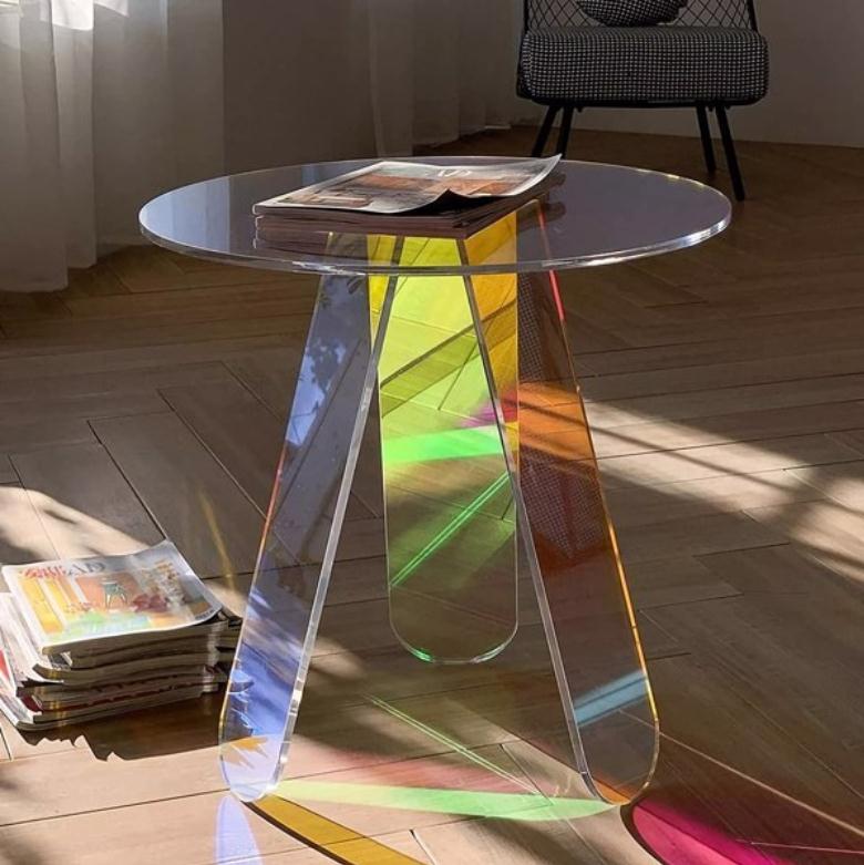 Garden Sets Acrylic Rainbow Color Coffee Table, Iridescent Glass End Round Side Table Modern Accent TV for Living Bed Room Decoration
