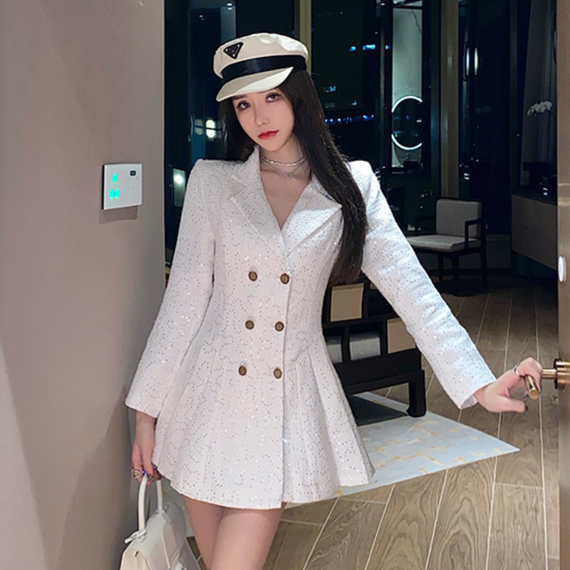 [DEAT] V-neck Ball Gown Undefined Woman Dress Double Breasted Solid Above Knee Mini UnfiNew Fashion Tide Spring GX070 210428