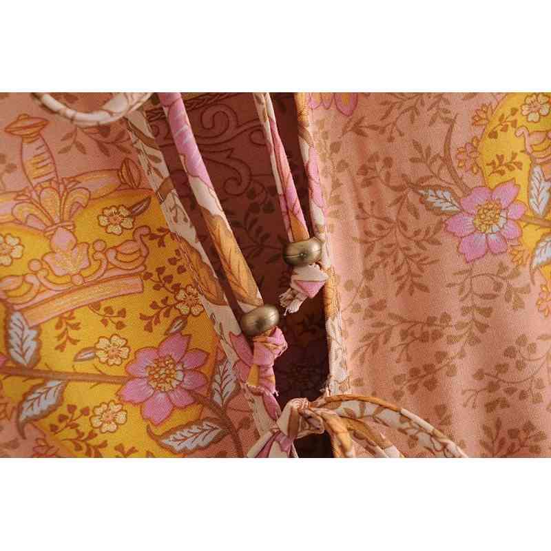Bohemia Bandage Lacing up Collar Orange Floral Print Dress BOHO Woman Hit Color Long Sleeve Maxi Holiday Dresses 210429