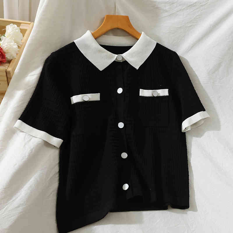 Casual Knitted T Shirt Women Short Sleeve Korean Fashion Turn-down Collar T-shirt Ladies Tops Tees 210519
