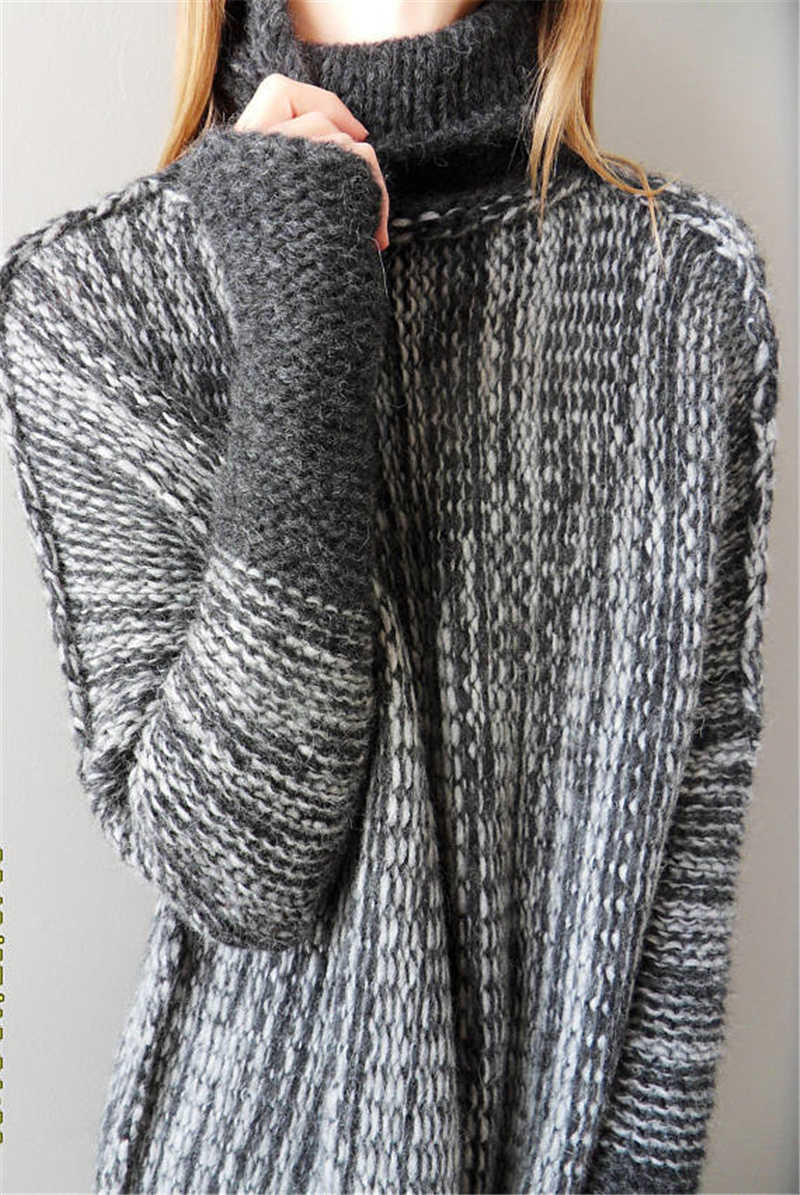 Qooth Office Lady Fashion Turtleneck Sweater Womens Autumn Winter Long-Sleeved Mid Length Loose Pullover QT673 210609