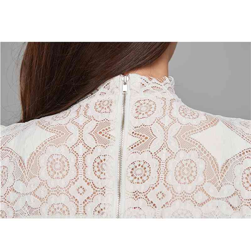 Fashion Two Piece Skirt Suit Women Elegant White Lace Short Top +High Waist Temperament Hollow Out Clothes Sets 210520