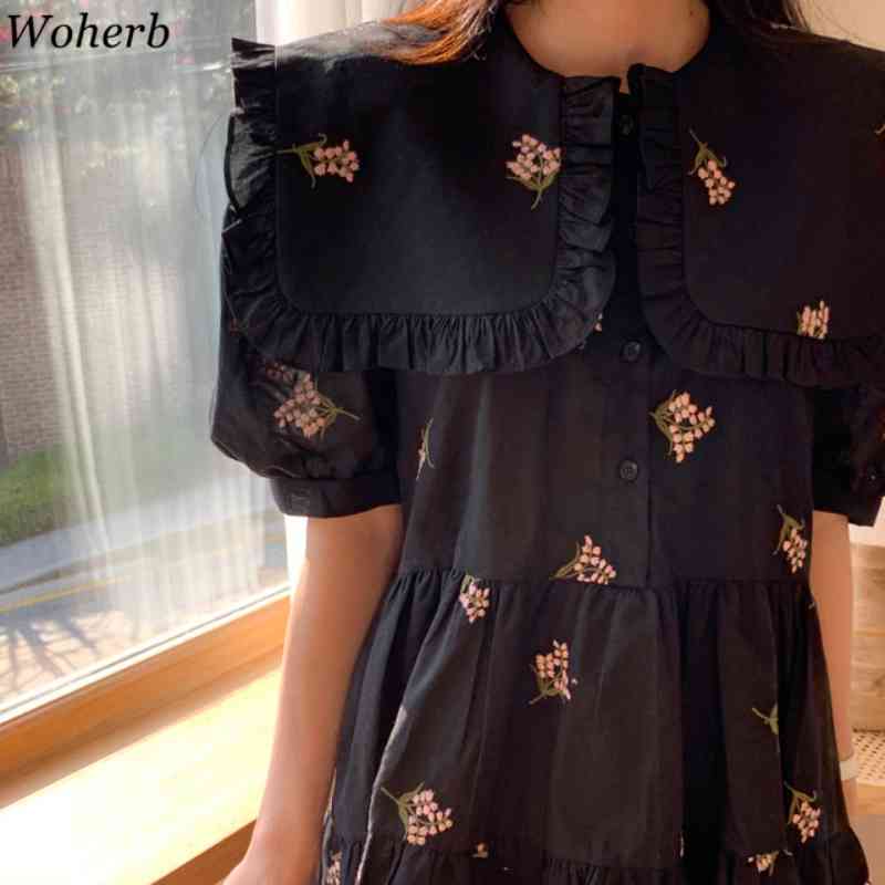 Sweet Women Dress Summer Korean Big Turn Down Collar Vestidos Embroidered Floral Single Breasted Kawaii Dresses 210519