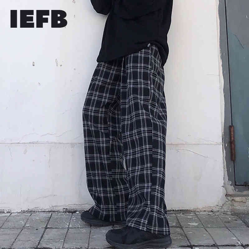 IEFB /Korea Trend Men And Women Clothes spring Fashion All-match Casual Pants Loose Plaid Wide Leg Pants Trousers 9Y357 210524