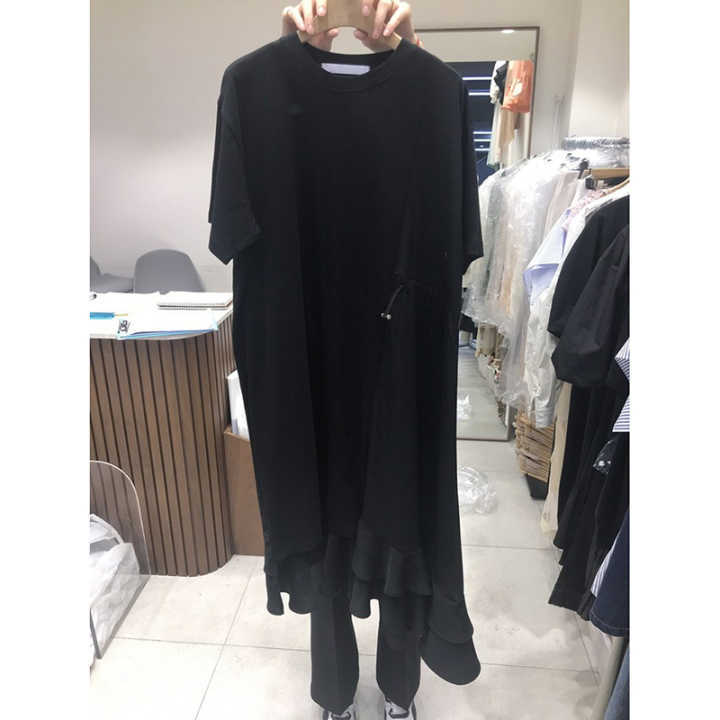 Spring Summer Simple Spelling Patchwork Ruffles O-Neck Casual Mid-Calf Dresses Women 210615