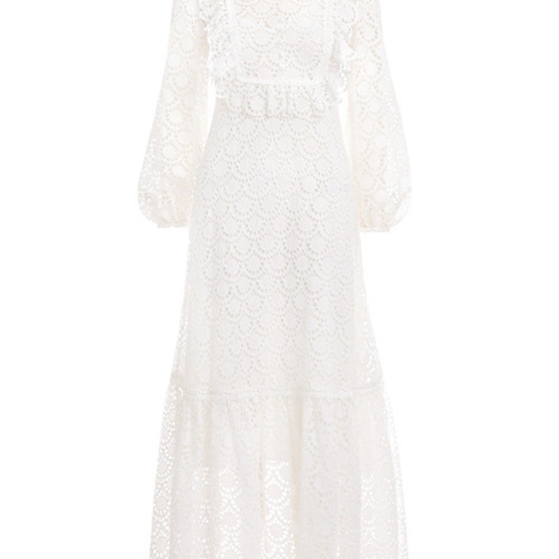 Autumn And Winter White Women Lace Dress Long Sleeves Stand Collar Chic Ruffle Runway Vestidos 210520