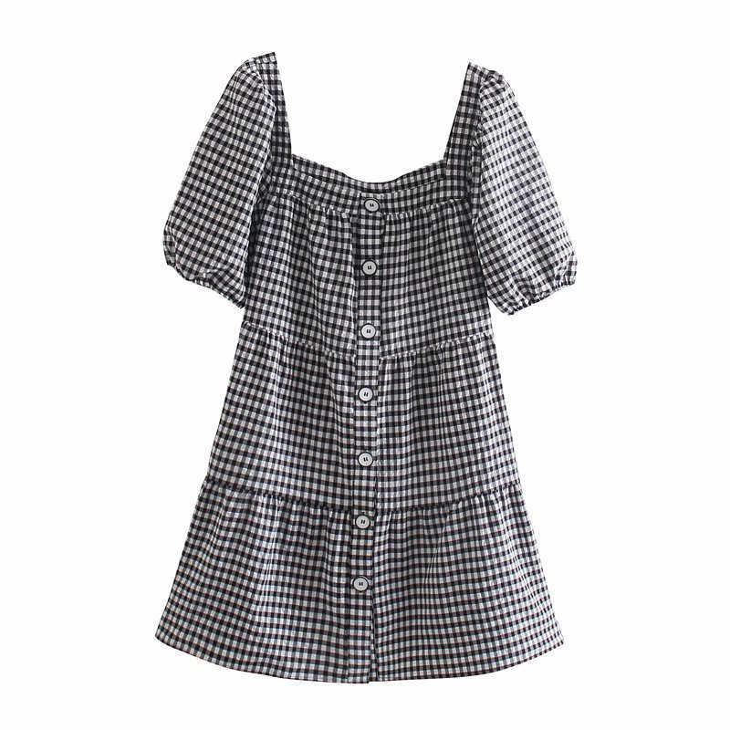 Za Summer Dress Women Short Puff Sleeve Gingham Vintgae Mini Dresses Woman Fashion Square Neck Button Up Paid Dress 210602