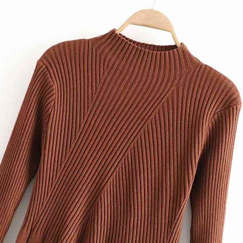 Women Casual Knitted Sweater Dress Autumn Winter Long Sleeve Elegant Pleated Solid Turtleneck Ladies Midi es 210515
